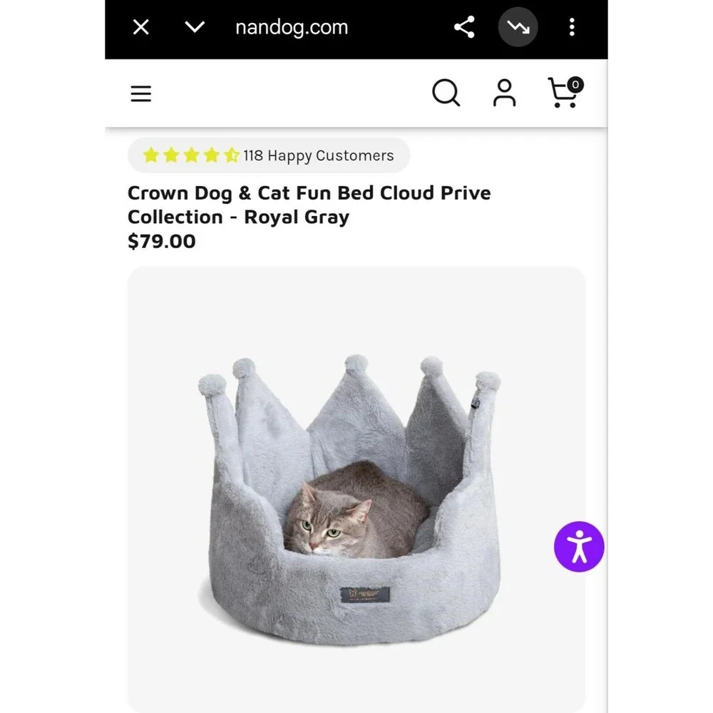 Crown Dog & Cat Fun Bed Cloud Prive Collection - Royal Gray Retails $79 18x18in